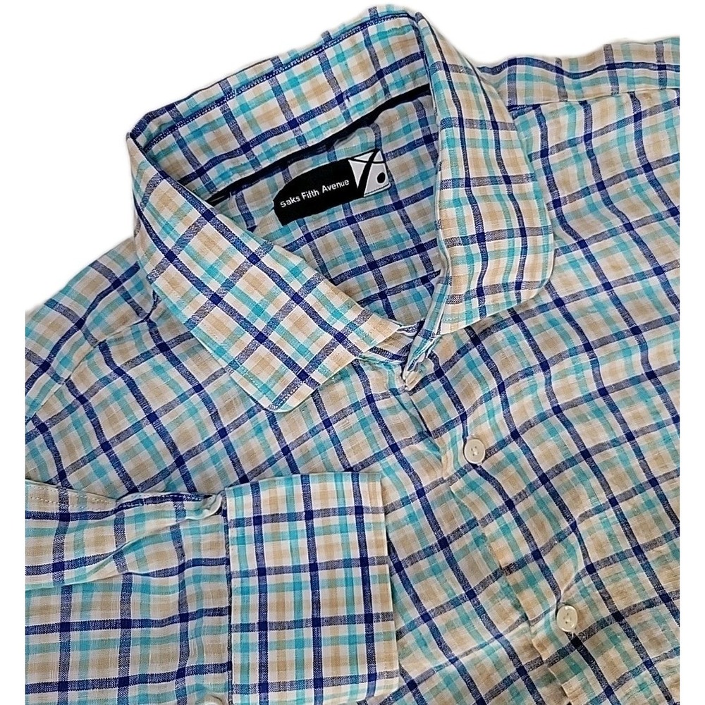 Saks Fifth Avenue Men's BLUE GREEN Plaid Linen Long Sleeve Shirt SEE PICS
